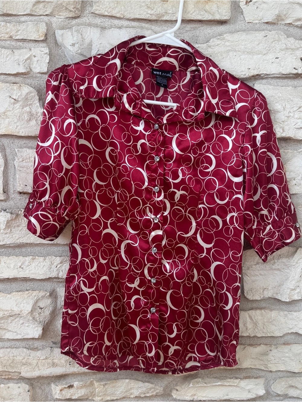Wet Seal Maroon Satin Button-Down with White Circle Print